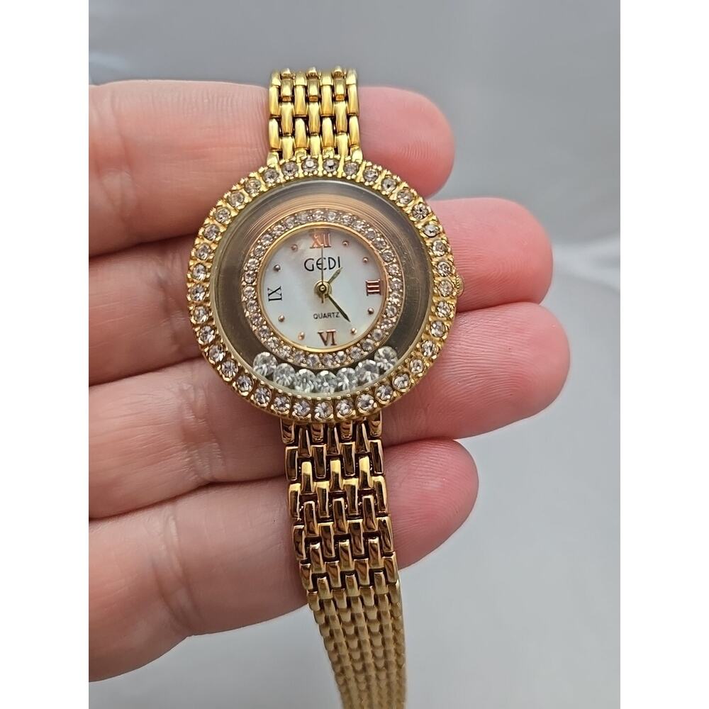 Crystal-Accented Gold-Toned Quartz Watch- needs battery